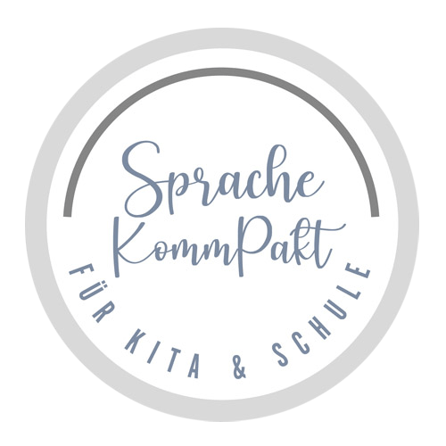 Logo für Sprache KompPakt für Kita & Schule mit dem Programmnamen in blauer Schrift innerhalb eines kreisförmigen grauen Rahmens. - Logopädische Praxis Christina Kopp